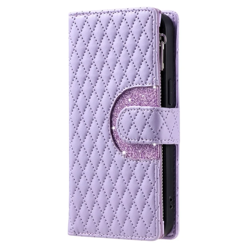 Style 012 for iPhone 15 Plus Leather Case Rhombus Wallet Zipper Phone Cover with Hand Strap - Purple
