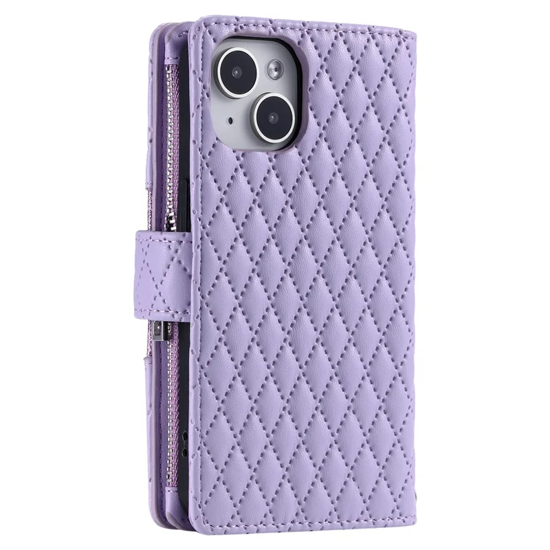 Style 012 for iPhone 15 Plus Leather Case Rhombus Wallet Zipper Phone Cover with Hand Strap - Purple