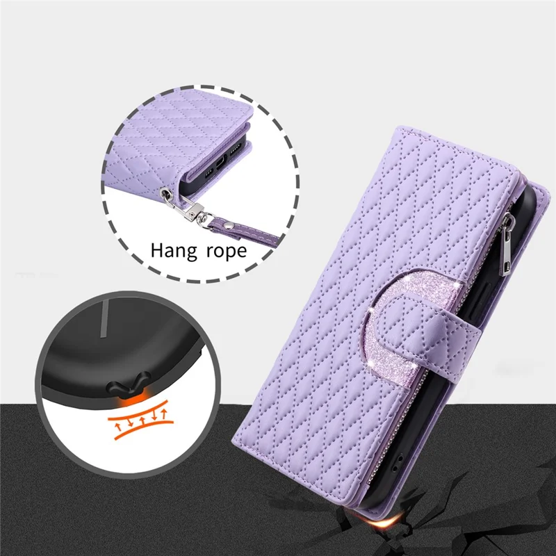 Style 012 for iPhone 15 Plus Leather Case Rhombus Wallet Zipper Phone Cover with Hand Strap - Purple