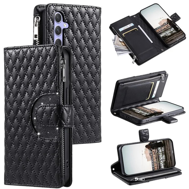 012 Style For Samsung Galaxy A05s 4G Case with Hand Strap Glitter Rhombus Zipper Wallet Phone Shell - Black