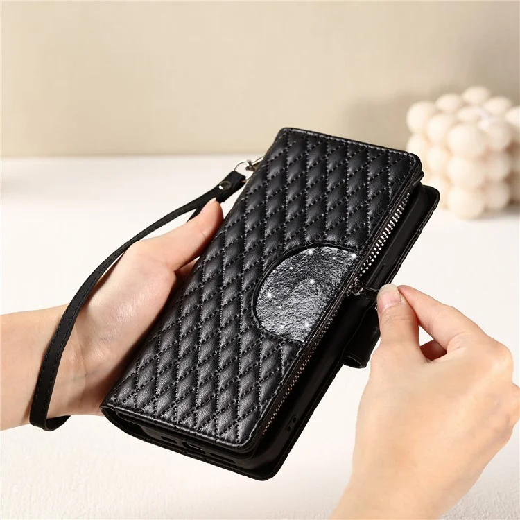 012 Style For Samsung Galaxy A05s 4G Case with Hand Strap Glitter Rhombus Zipper Wallet Phone Shell - Black