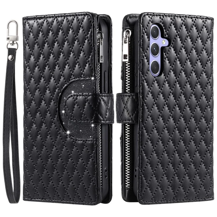 012 Style For Samsung Galaxy A05s 4G Case with Hand Strap Glitter Rhombus Zipper Wallet Phone Shell - Black