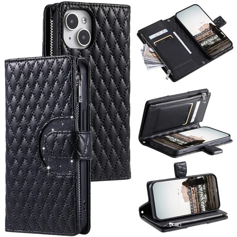 Style 012 for iPhone 15 Leather Wallet Case Rhombus Glitter Stand Flip Phone Cover - Black