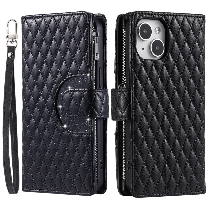 Style 012 for iPhone 15 Leather Wallet Case Rhombus Glitter Stand Flip Phone Cover - Black