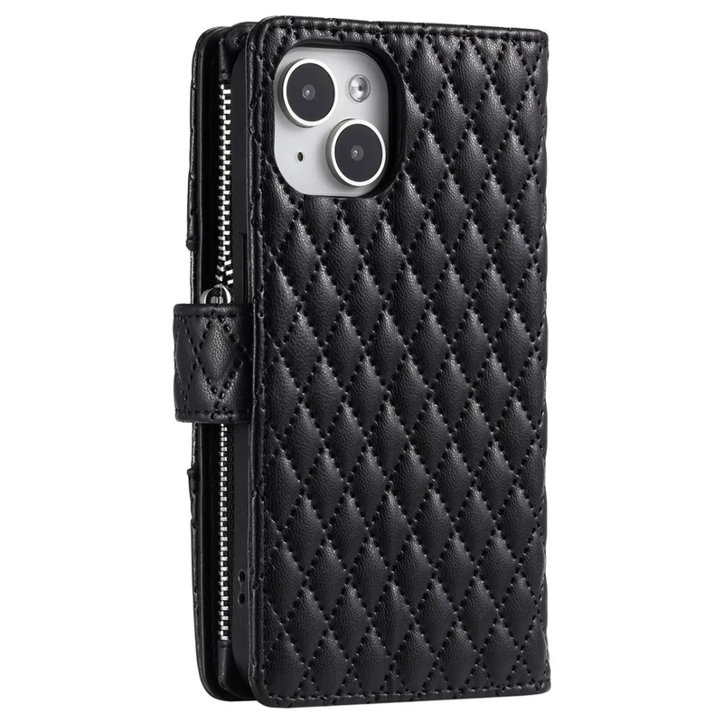 Style 012 for iPhone 15 Leather Wallet Case Rhombus Glitter Stand Flip Phone Cover - Black