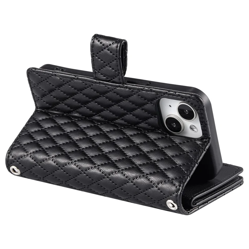 Style 012 for iPhone 15 Leather Wallet Case Rhombus Glitter Stand Flip Phone Cover - Black