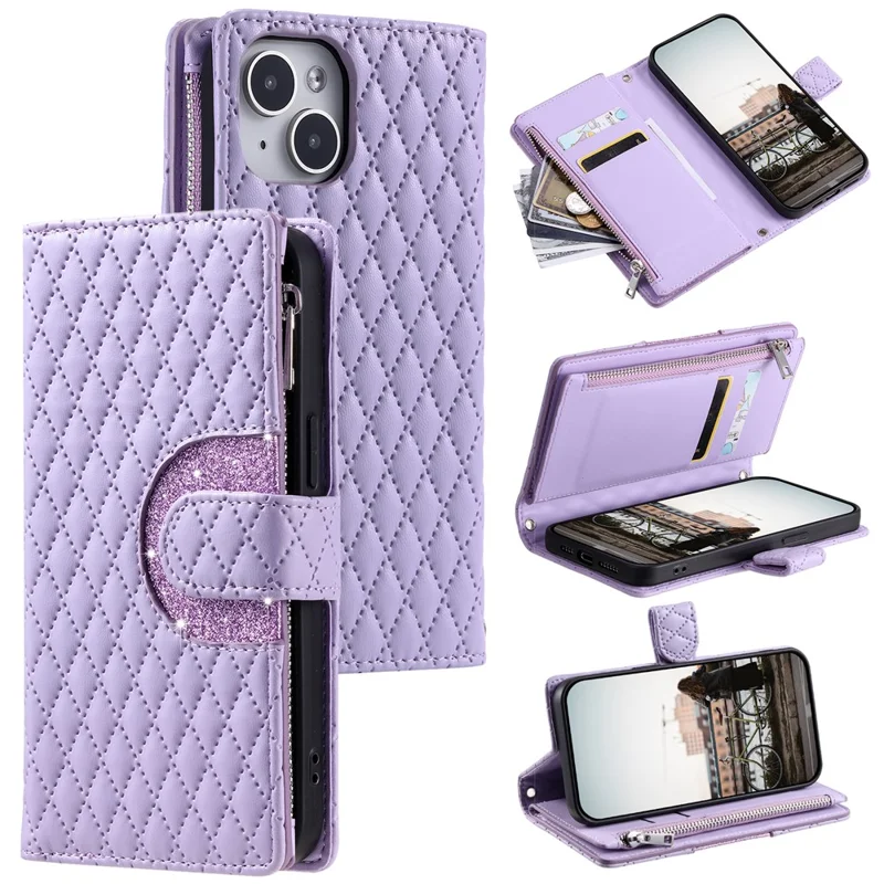 Style 012 for iPhone 15 Leather Wallet Case Rhombus Glitter Stand Flip Phone Cover - Purple