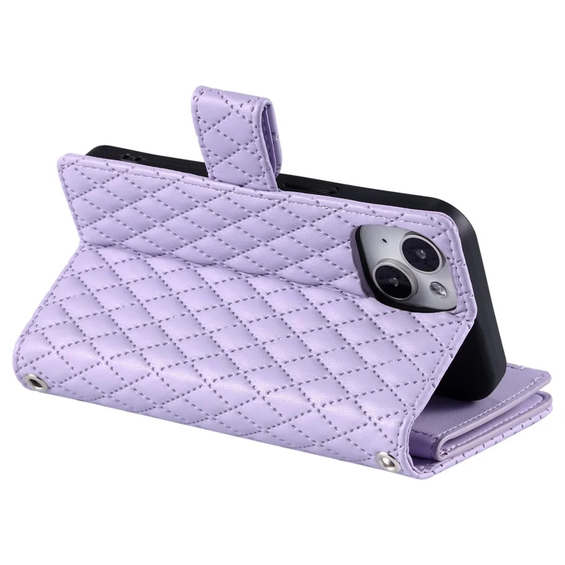 Style 012 for iPhone 15 Leather Wallet Case Rhombus Glitter Stand Flip Phone Cover - Purple