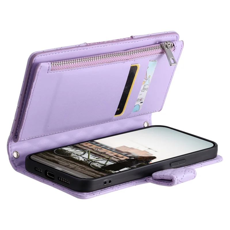 Style 012 for iPhone 15 Leather Wallet Case Rhombus Glitter Stand Flip Phone Cover - Purple