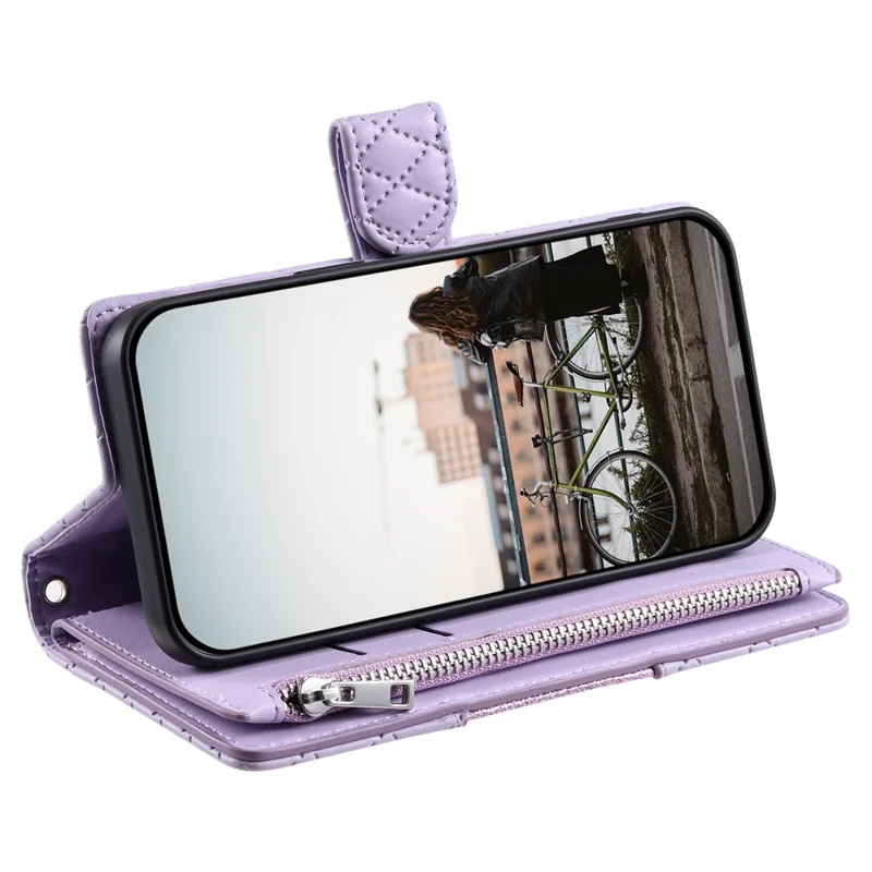 Style 012 for iPhone 15 Leather Wallet Case Rhombus Glitter Stand Flip Phone Cover - Purple