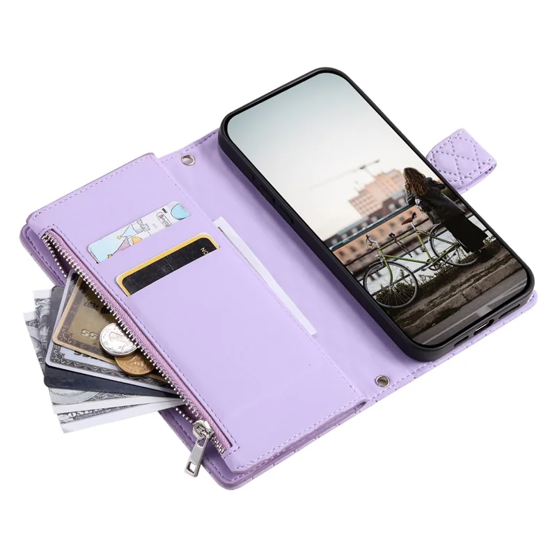Style 012 for iPhone 15 Leather Wallet Case Rhombus Glitter Stand Flip Phone Cover - Purple