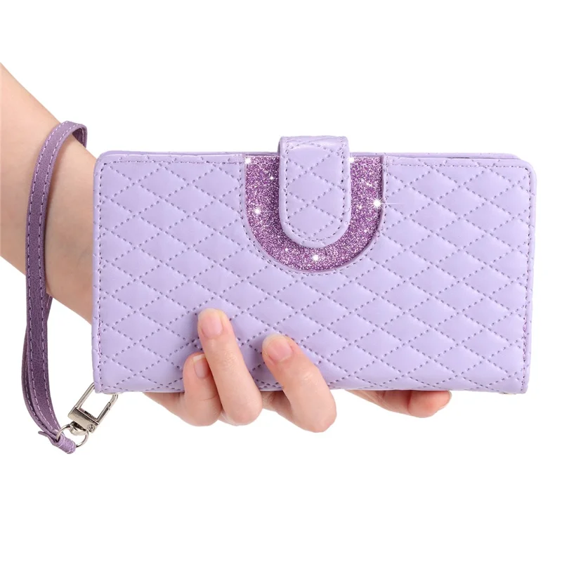 Style 012 for iPhone 15 Leather Wallet Case Rhombus Glitter Stand Flip Phone Cover - Purple