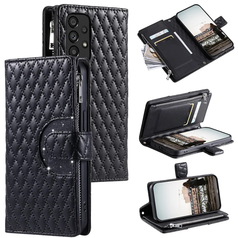 Style 012 für Samsung Galaxy A53 5G Phone Case Rhombus Reißverschluss-Geldbörse PU-Leder Klapphülle - Schwarz