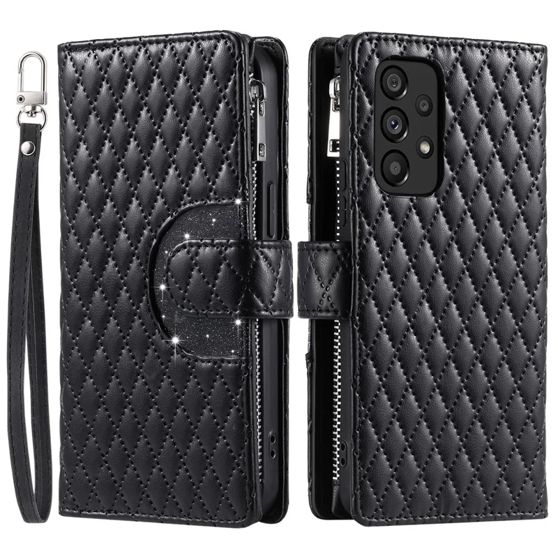 Style 012 für Samsung Galaxy A53 5G Phone Case Rhombus Reißverschluss-Geldbörse PU-Leder Klapphülle - Schwarz