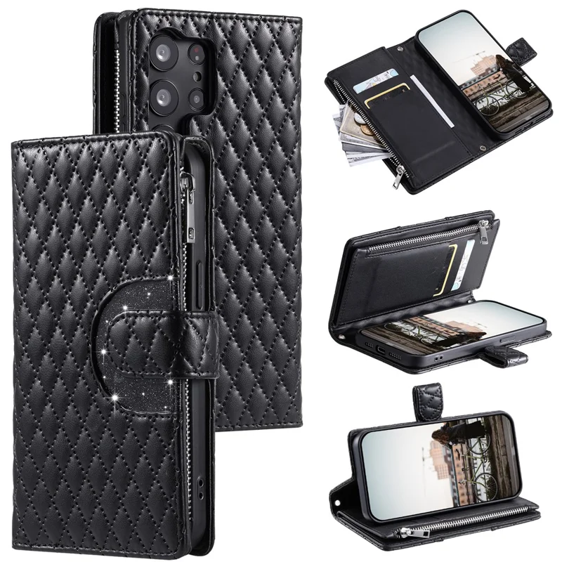 Estilo 012 para Samsung Galaxy S23 Ultra Case Cubierta de Cartera de Piel de Imitación con Cremallera y Correa para la Muñeca - Negro