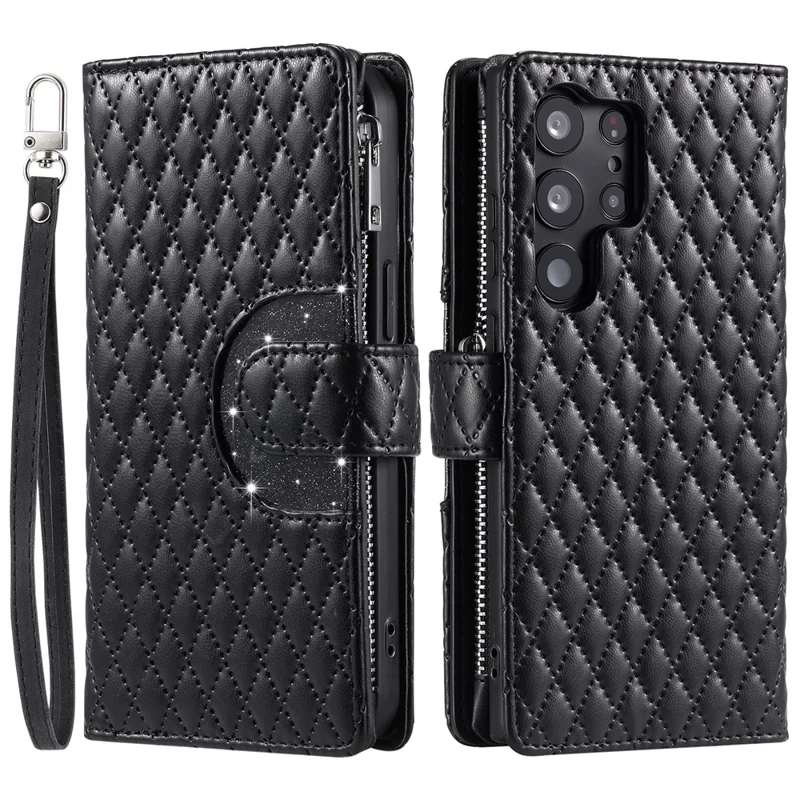 Estilo 012 para Samsung Galaxy S23 Ultra Case Cubierta de Cartera de Piel de Imitación con Cremallera y Correa para la Muñeca - Negro