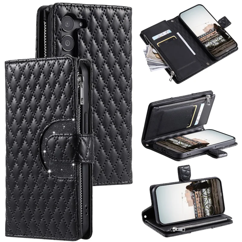 Style 012 for Samsung Galaxy S23+ Wallet Case Rhombus Imprinted PU Leather Flip Phone Cover - Black