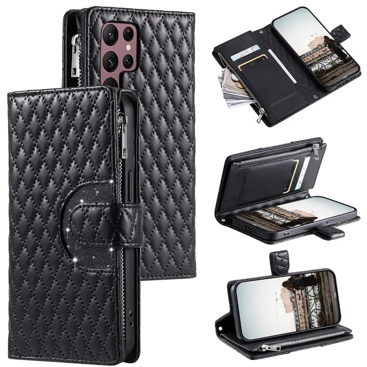 012 Style For Samsung Galaxy S24 Ultra Case Glitter Rhombus Shockproof Leather+TPU Phone Cover - Black
