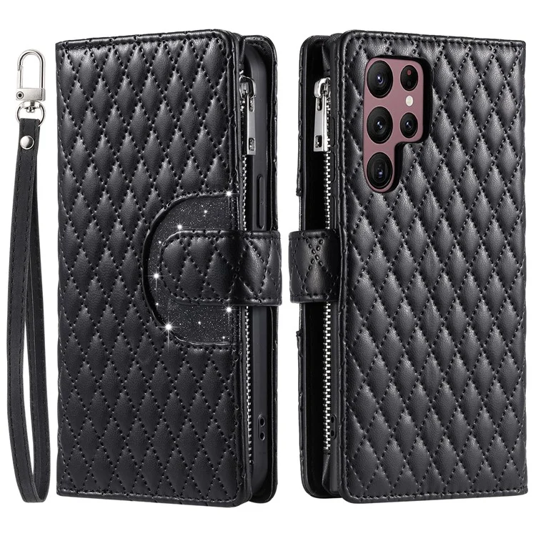 012 Style For Samsung Galaxy S24 Ultra Case Glitter Rhombus Shockproof Leather+TPU Phone Cover - Black