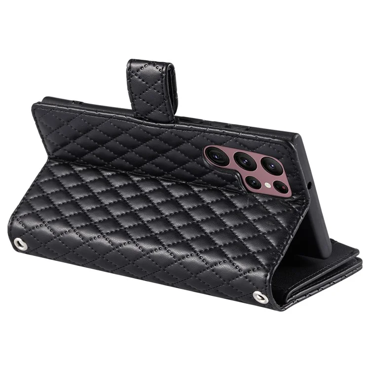 012 Style For Samsung Galaxy S24 Ultra Case Glitter Rhombus Shockproof Leather+TPU Phone Cover - Black
