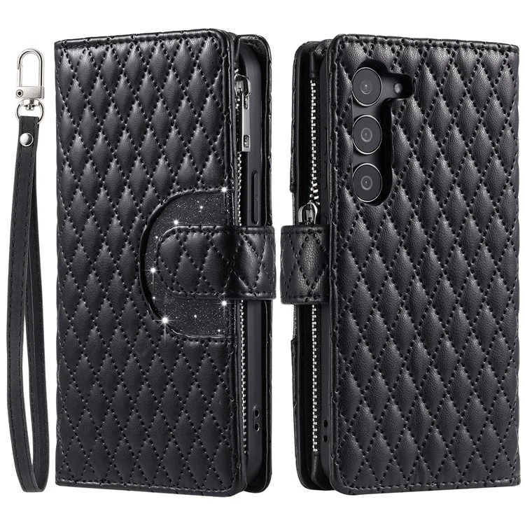 Style 012 für Samsung Galaxy S23 Case Zipper Pocket Handytasche Case PU Leder Rhombus Muster Handyhülle - Schwarz