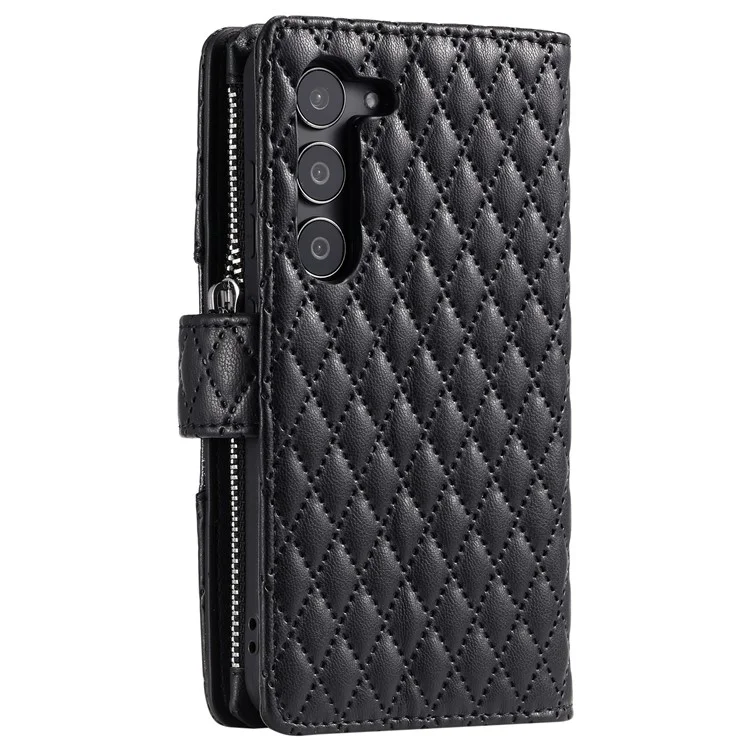 Style 012 für Samsung Galaxy S23 Case Zipper Pocket Handytasche Case PU Leder Rhombus Muster Handyhülle - Schwarz