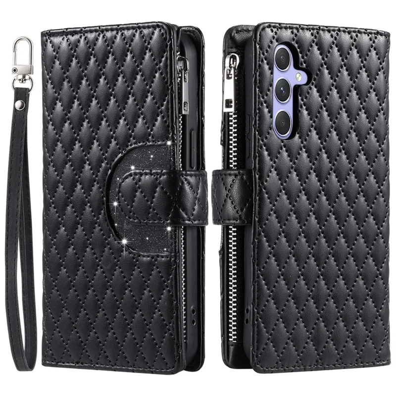 Style 012 for Samsung Galaxy S24+ Case Glitter Rhombus Pattern PU Leather Magnetic Flip Phone Cover - Black