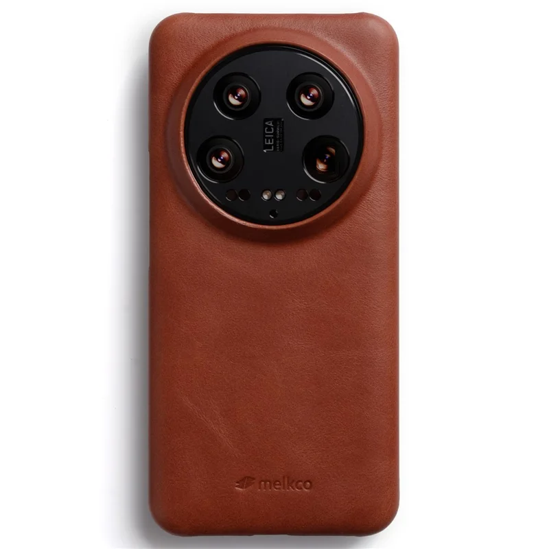 MELKCO For Xiaomi 14 Case Genuine Cow Leather Coated PC Incomplete Waxy Phone Cover - Brown