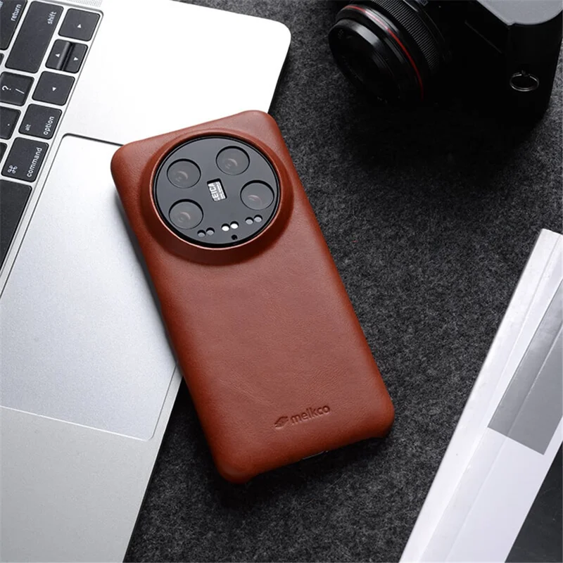 MELKCO For Xiaomi 14 Case Genuine Cow Leather Coated PC Incomplete Waxy Phone Cover - Brown