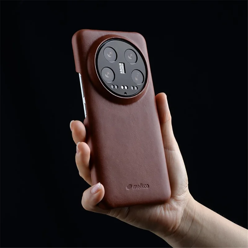 MELKCO For Xiaomi 14 Case Genuine Cow Leather Coated PC Incomplete Waxy Phone Cover - Brown