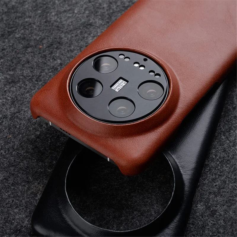 MELKCO For Xiaomi 14 Case Genuine Cow Leather Coated PC Incomplete Waxy Phone Cover - Brown