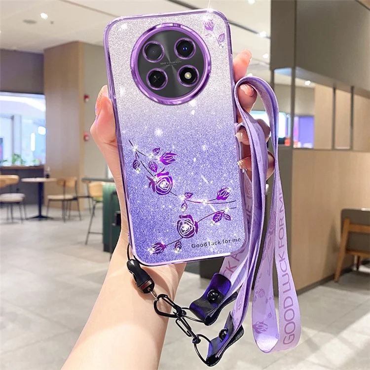 KADEM For Realme 12 5G TPU Case with Lanyard Rhinestone Flower Phone Cover - Purple