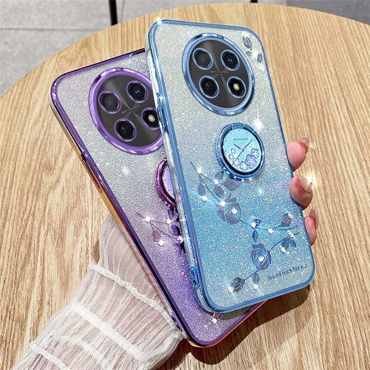 KADEM For Realme 12 5G Kickstand Case Rhinestone Flower Anti-Scratch TPU Phone Cover - Blue