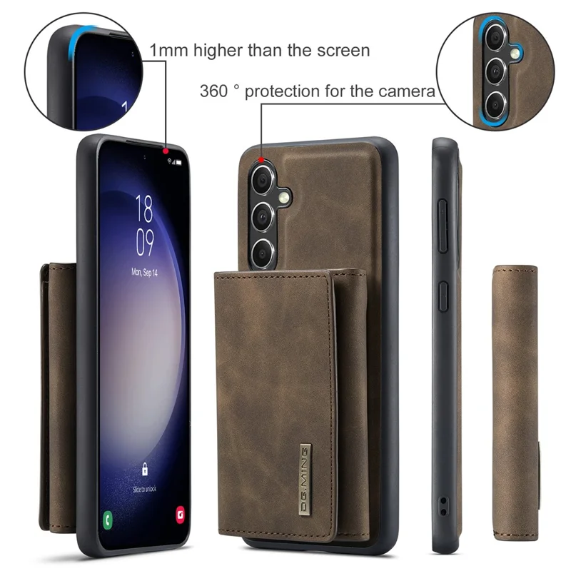 DG.MING M1 Series for Samsung Galaxy A55 5G Case Magnetic Detachable Leather Back Cover - Coffee