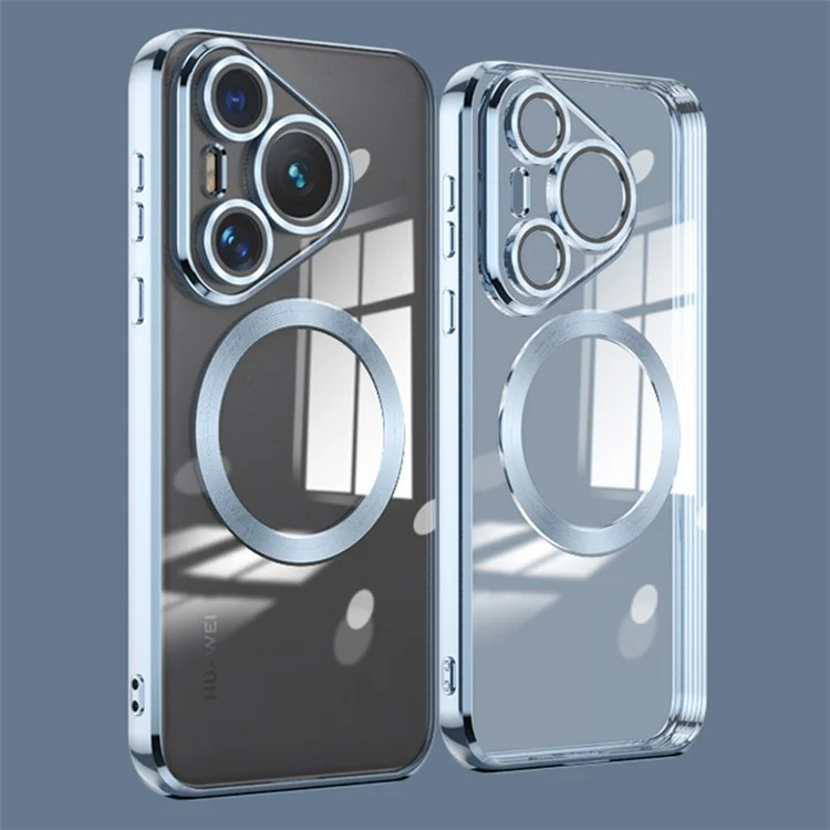 For Huawei Pura 70 Case Electroplating Clear TPU Cell Phone Cover Built-In Glass Lens Film - Blue