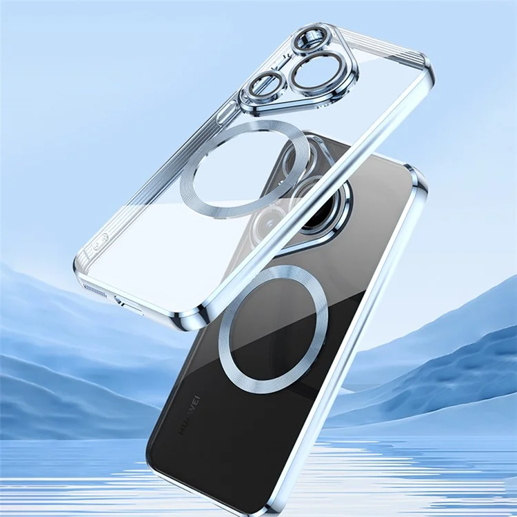 For Huawei Pura 70 Case Electroplating Clear TPU Cell Phone Cover Built-In Glass Lens Film - Blue