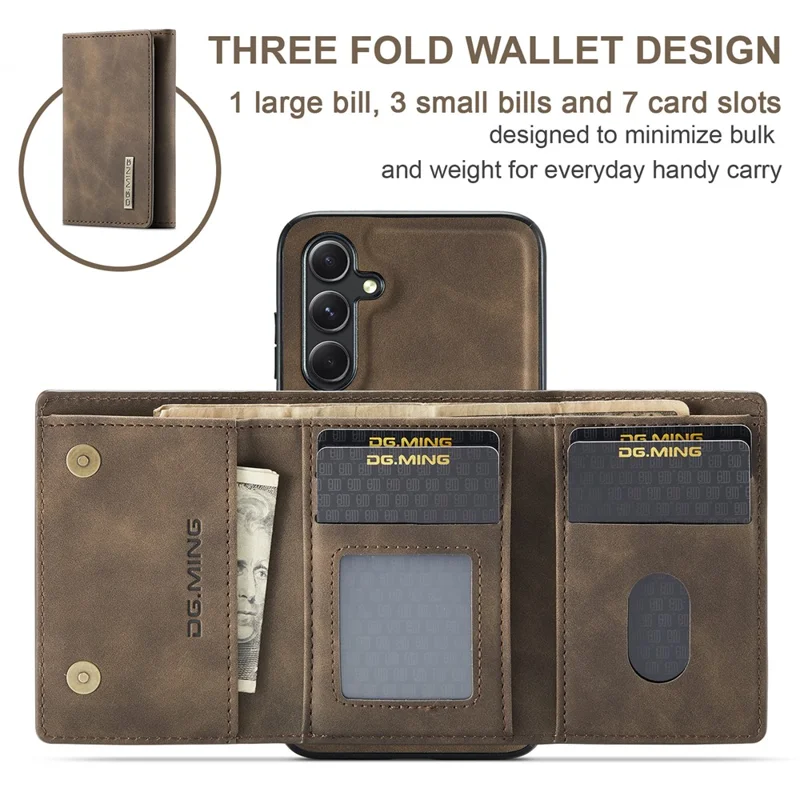 DG.MING M1 Series for Samsung Galaxy A15 4G / A15 5G Case Detachable Wallet Phone Cover - Coffee