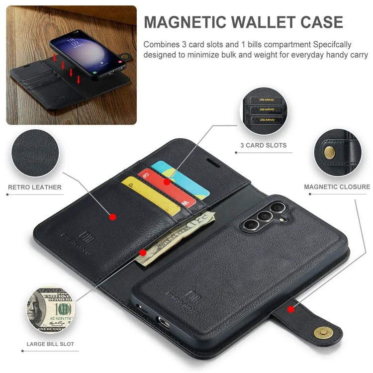 DG.MING für Samsung Galaxy A35 5G Wallet Case Abnehmbare Split Leder Handyhülle - Schwarz
