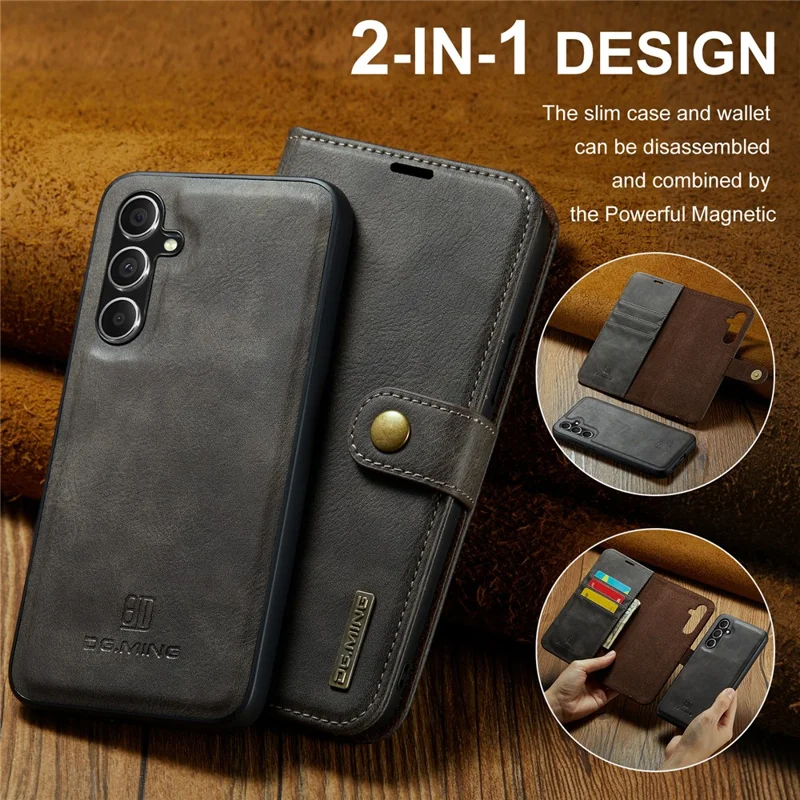 DG.MING for Samsung Galaxy A15 4G / A15 5G Case Detachable Split Leather Wallet Phone Cover - Grey