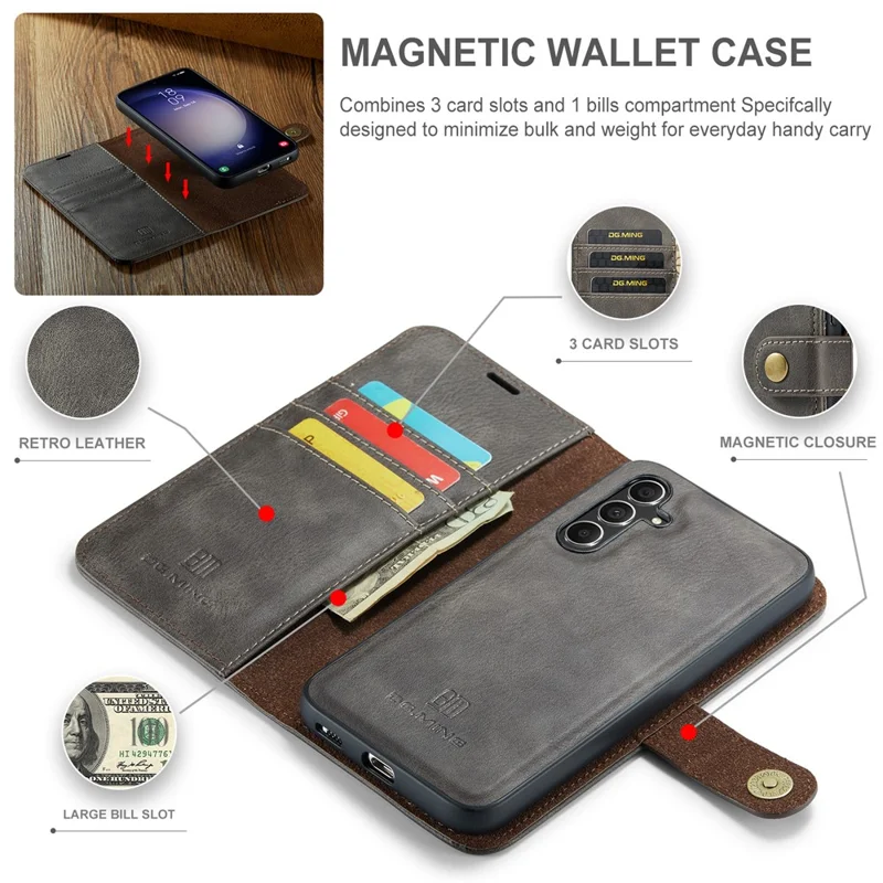 DG.MING for Samsung Galaxy A15 4G / A15 5G Case Detachable Split Leather Wallet Phone Cover - Grey