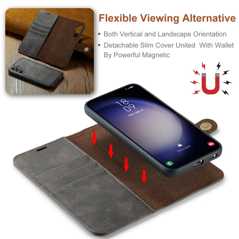 DG.MING for Samsung Galaxy A15 4G / A15 5G Case Detachable Split Leather Wallet Phone Cover - Grey