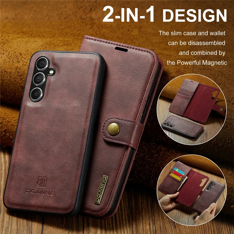 DG.MING for Samsung Galaxy A15 4G / A15 5G Case Detachable Split Leather Wallet Phone Cover - Red