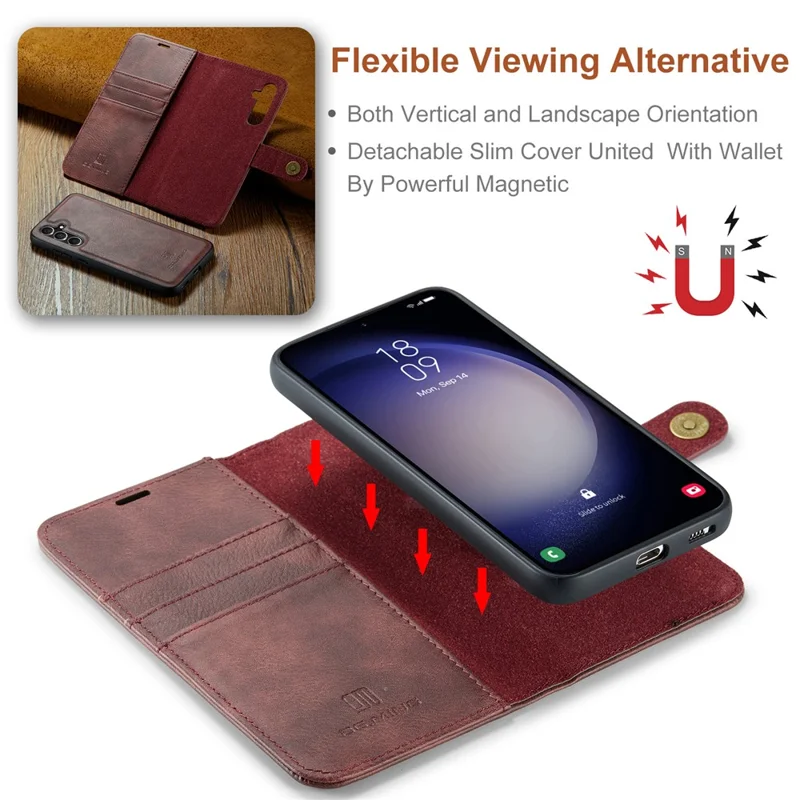 DG.MING for Samsung Galaxy A15 4G / A15 5G Case Detachable Split Leather Wallet Phone Cover - Red