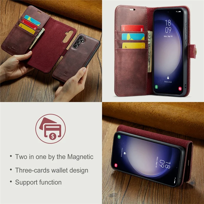 DG.MING for Samsung Galaxy A15 4G / A15 5G Case Detachable Split Leather Wallet Phone Cover - Red