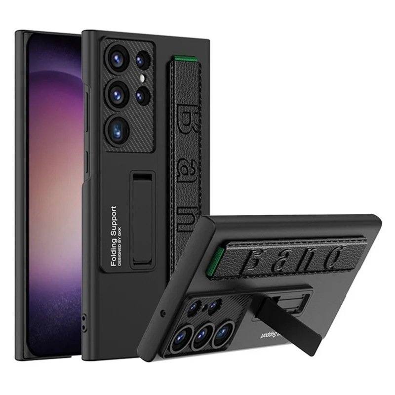 For Samsung Galaxy S23 Ultra Case Drop-proof PU Leather+PC Phone Cover with Kickstand and Wristband - Black