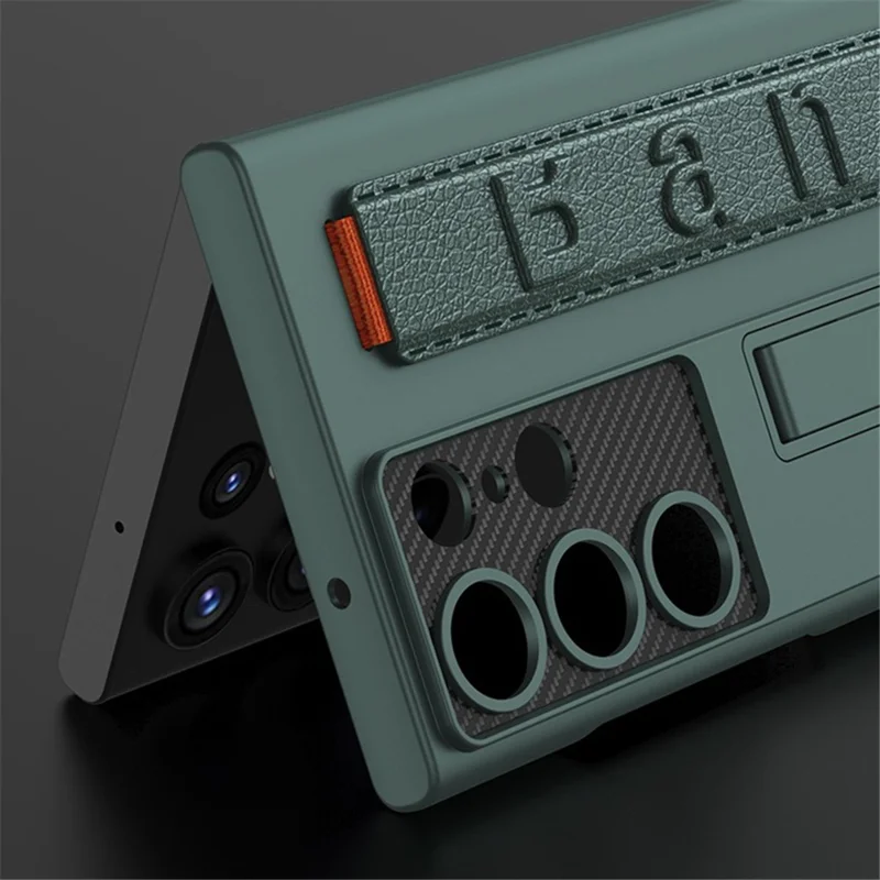 For Samsung Galaxy S23 Ultra Case Drop-proof PU Leather+PC Phone Cover with Kickstand and Wristband - Black