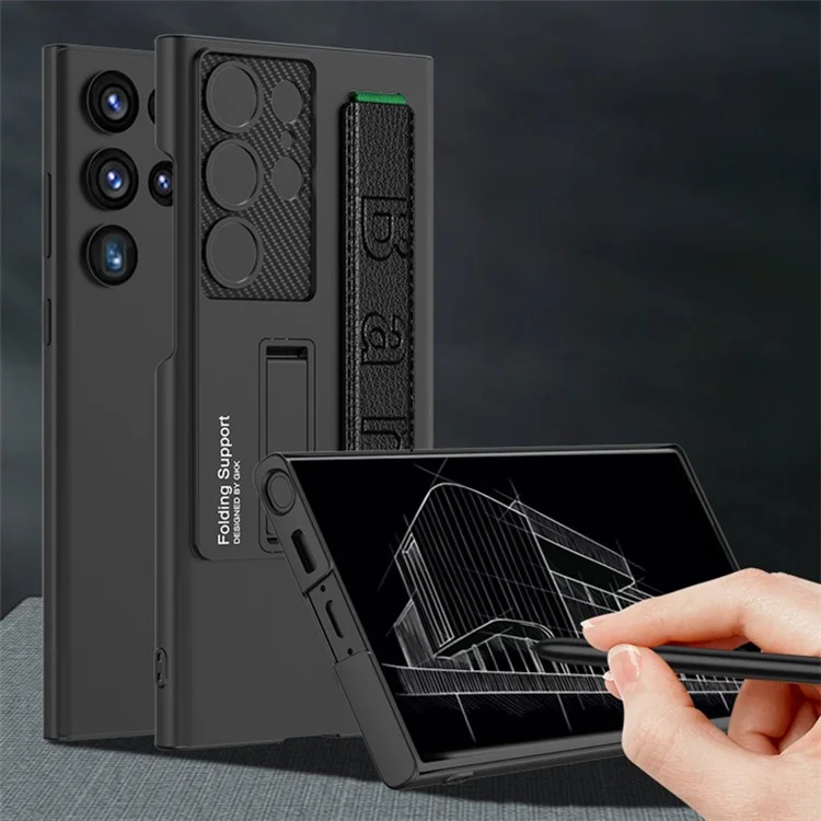 Pour Samsung Galaxy S22 Ultra 5G Coque Entièrement Enveloppée en Cuir+PC Housse de Téléphone avec Support Réglable - Noir