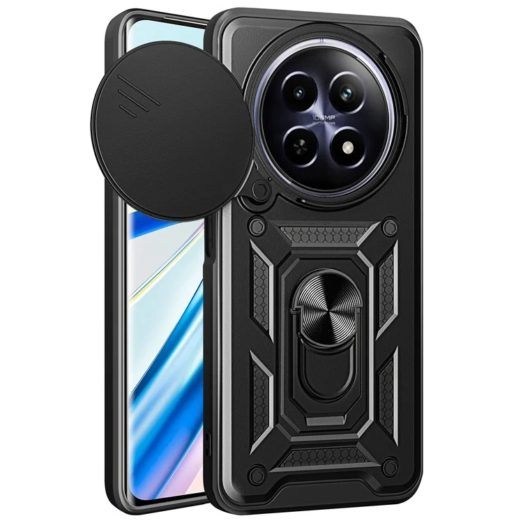 For Realme 12 5G Camera Protection Case PC+TPU Military Grade Finger Ring Kickstand Phone Cover - Black