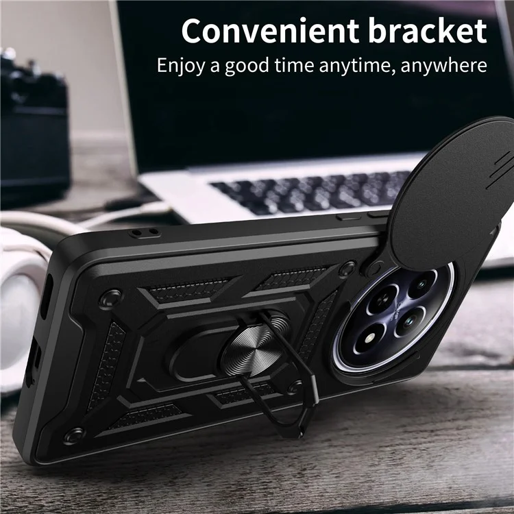 For Realme 12 5G Camera Protection Case PC+TPU Military Grade Finger Ring Kickstand Phone Cover - Black