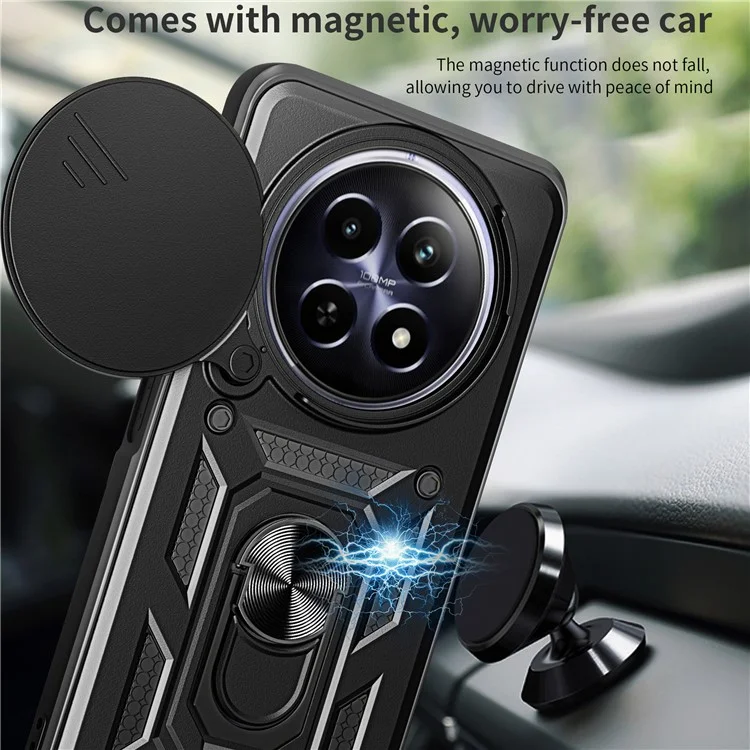 For Realme 12 5G Camera Protection Case PC+TPU Military Grade Finger Ring Kickstand Phone Cover - Black